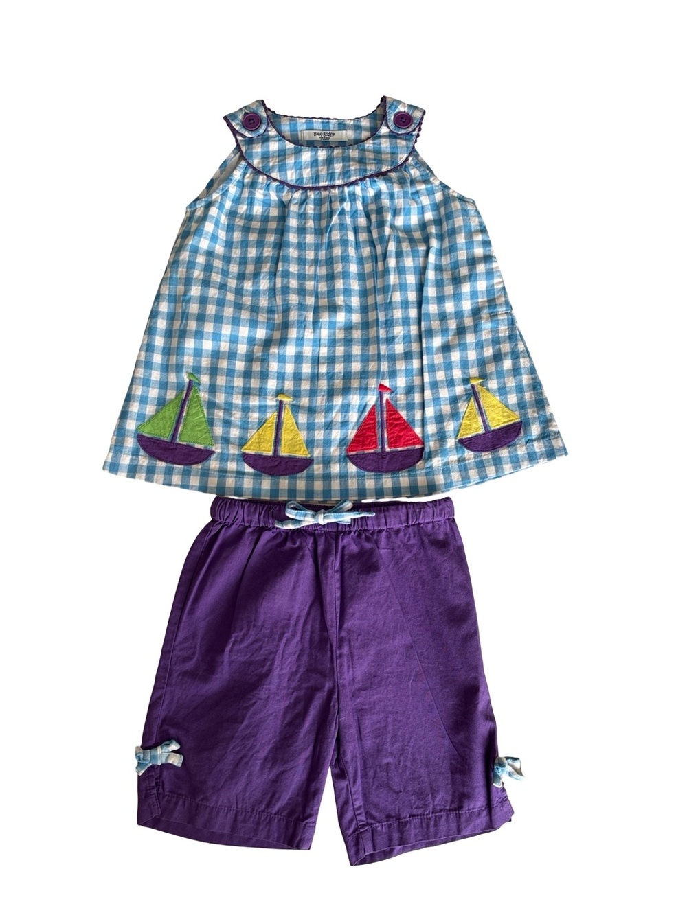 Baby Boden Sailboat Blue White Gingham Top & Cropped Pants - Picture 2 of 10